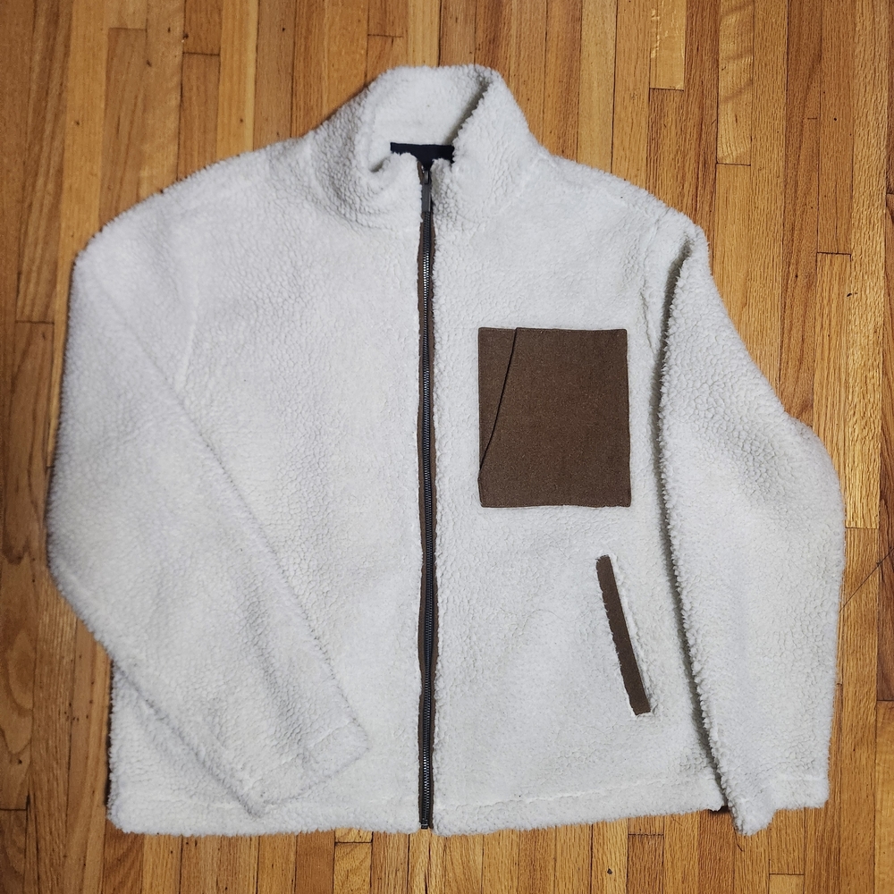 NATIVE YOUTH White Zip-Up Fleece Sweater with Brown Accents